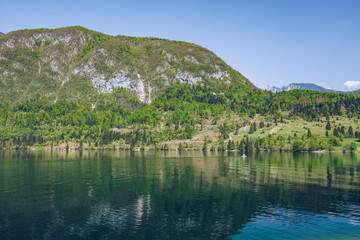 Fototapeta na wymiar Lake Bohinj in Slovenia, beauty in nature. Colorful summer on the Bohinj lake in Triglav national park Slovenia, Alps, Europe. Mountain Lake bohinj in Julian Alps, Slovenia