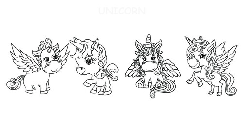 Set of cute illustrations of the unicorn for the coloring page or a book. Black outlines isolated on white. cute vector drawing to children.