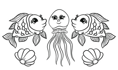 Vector set of the cute marine animals: jellyfish,  shell, fish. Cute drawing for coloring book or page for kids