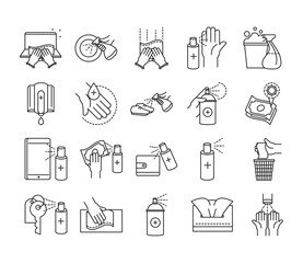 cleaning disinfection, coronavirus prevention sanitizer products line style icons set