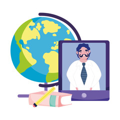 online education school globe teacher smartphone and book