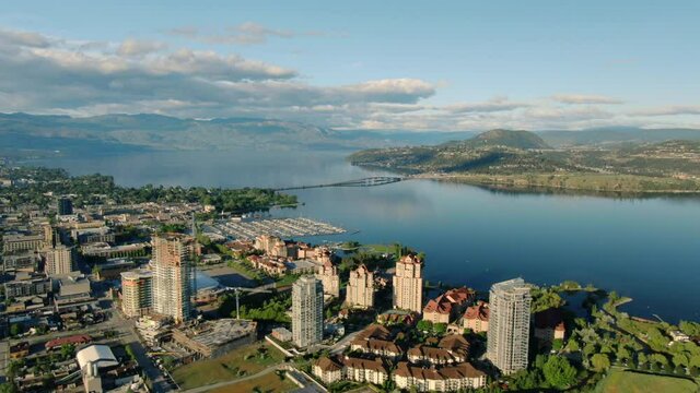Aerial Drone Shot of Kelowna At Sunrise, Beautiful British Columbia Canada City, Okanagan Canada