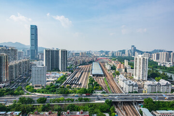 Railway with parked carriages in Luohu, Shenzhen, China