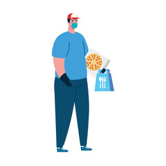 man with mask food bag and pizza box design, Safe delivery logistics and transportation theme Vector illustration