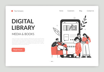 Online book library concept. Vector graphic illustration with characters reading books online on the smartphone. Concept for website and mobile website development.