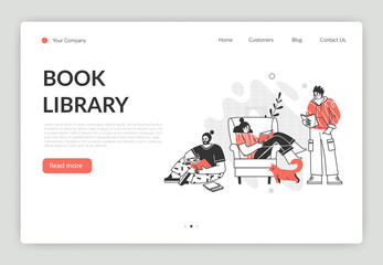 Obraz na płótnie Canvas Landing page. The character is reading a book. Flat cartoon vector illustration. The concept of reading books and learning. Book library