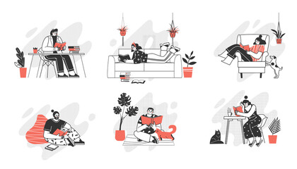 Collection of characters reading books. Set of book lovers, readers, modern literature fans isolated on white background.