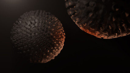 Coronavirus Covid-19 cell virus under microscope over black gradient. 3D Render. Illustration