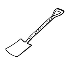 Shovel for earthworks. Garden shovel isolated on a white background. A tool for digging and replanting plants. Vector illustration in Doodle style