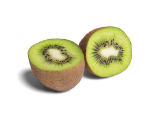 Kiwi cut in half with white background Each piece has a different posture