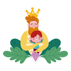 happy fathers day, bearded man hugging a little son cartoon