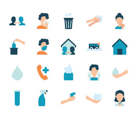 water drop and coronavirus icon set, flat style