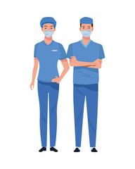couple surgeons wearing medical masks characters