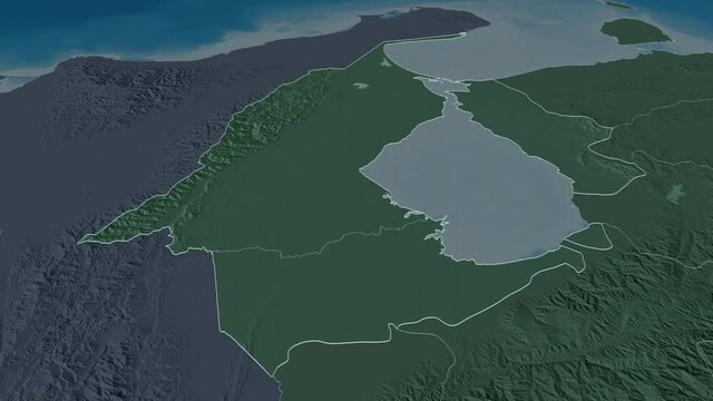 Zulia, state with its capital, zoomed and extruded on the administrative map of Venezuela in the conformal Stereographic projection. Animation 3D