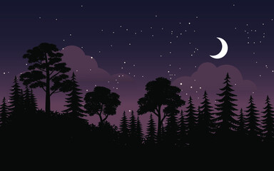 night landscape with moon and stars in forest