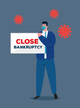 Businessman With Mask And Banner Design Of Close Bankruptcy And Covid 19 Virus Theme Vector Illustration