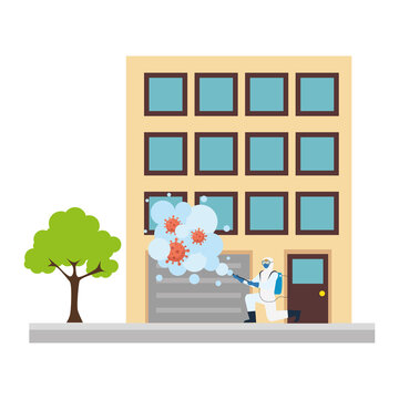 Man With Protective Suit Spraying Building With Covid 19 Virus Design, Disinfects Clean And Antibacterial Theme Vector Illustration