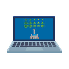 space ship fighting with aliens in laptop 8 bits pixelated icon