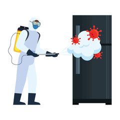 Man with protective suit spraying fridge with covid 19 virus design, Disinfects clean and antibacterial theme Vector illustration