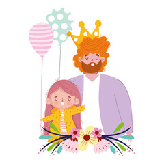 happy fathers day, man with crown daughter and balloons decoration