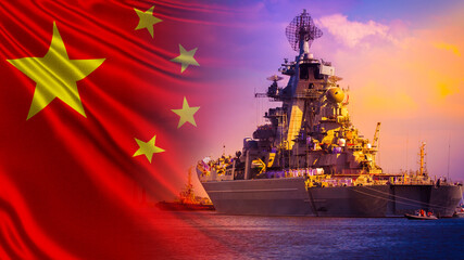 A warship with lined up sailors on Board against the background of the flag of China. Navy of the...