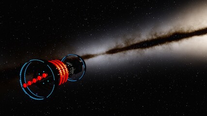 spaceship flies near exoplanet, spaceship of the future in space, ufo, spaceship in space, spacecraft flying near the planet 3d render © Aleksandr