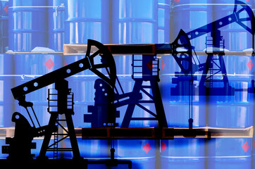 Oil rigs and blue barrels. Production and sale of crude oil. Oil production enterprise. Petroleum...