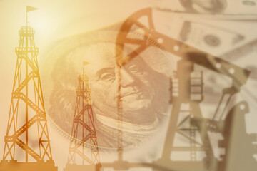 Petrodollars. Dollars against the background of oil rigs. Revenues from crude oil production. Natural resource extraction. Oil production.