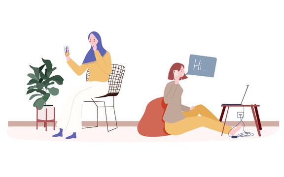 Female character use free time by selfie and phone calls with smartphones modern flat design.