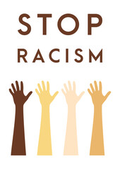 Row of raised hands colored from white to black with anti racism slogan. Anti racism and racial equality and tolerance poster. Vector illustration, social media template on dark backgroun