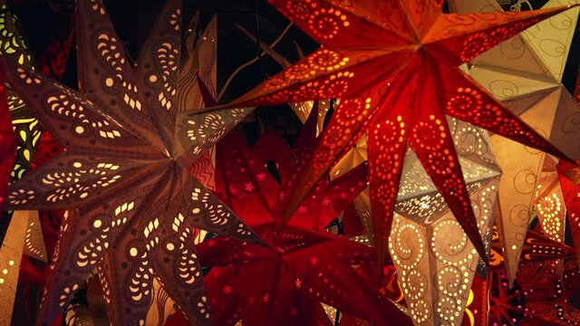 CU Ornate paper stars at Christmas market / Rothenburg ob der Tauber, Bavaria, Germany