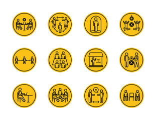 pictogram persons and social distancing icon set, block silhouette style