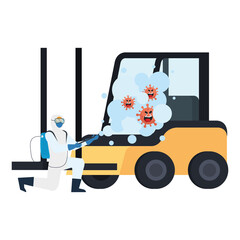 Man with protective suit spraying forklift with covid 19 virus design, Disinfects clean and antibacterial theme Vector illustration © Gstudio