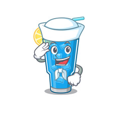 Smiley sailor cartoon character of blue lagoon cocktail wearing white hat and tie