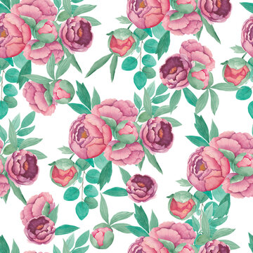 Watercolor seamless pattern bouquet peony flowers with leaves branches of eucalypt isolated on white background. Boho illustration. Hand drawn. Vintage design for fabric, textile, paper, other.