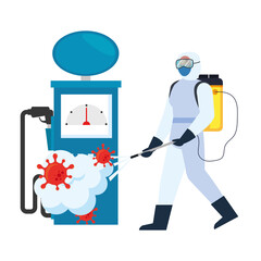 Man with protective suit spraying gasoline pump with covid 19 virus design, Disinfects clean and antibacterial theme Vector illustration