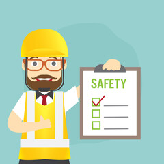Man Safety inspector hold board checklist of industrial plants Standing inspection in front of the safety first paper workplace for safety first concept