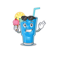 A cartoon drawing of blue lagoon cocktail holding cone ice cream