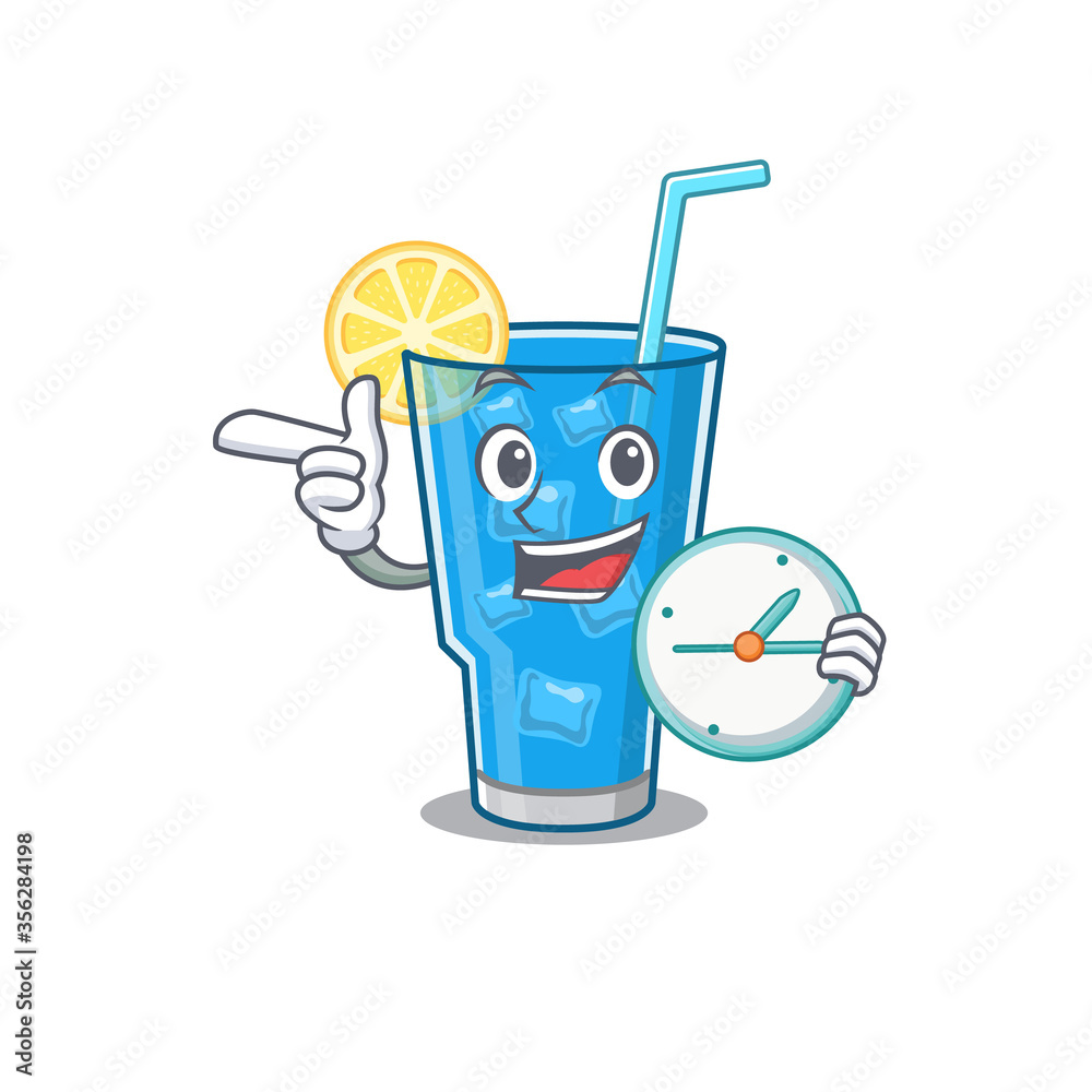 Sticker mascot design style of blue lagoon cocktail standing with holding a clock