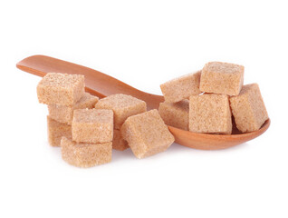 Brown cane sugar cubes isolated on white background.