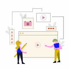 People making creative content for blog, Blogging vector illustration in colorful flat style