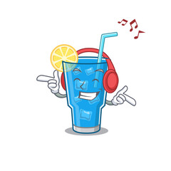 Blue lagoon cocktail Cartoon design concept listening music on headphone