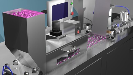 Capsule blister packing medicine, Industrial pharmaceutical production concept. 3D rendering image