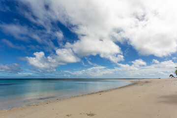 Fototapeta na wymiar Deserted tropical beach with blue sky and palm trees