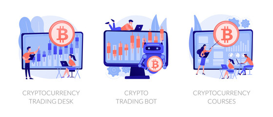 Digital currency market transactions. Electronic money experts. Cryptocurrency trading desk, crypto trading bot, cryptocurrency courses metaphors. Vector isolated concept metaphor illustrations