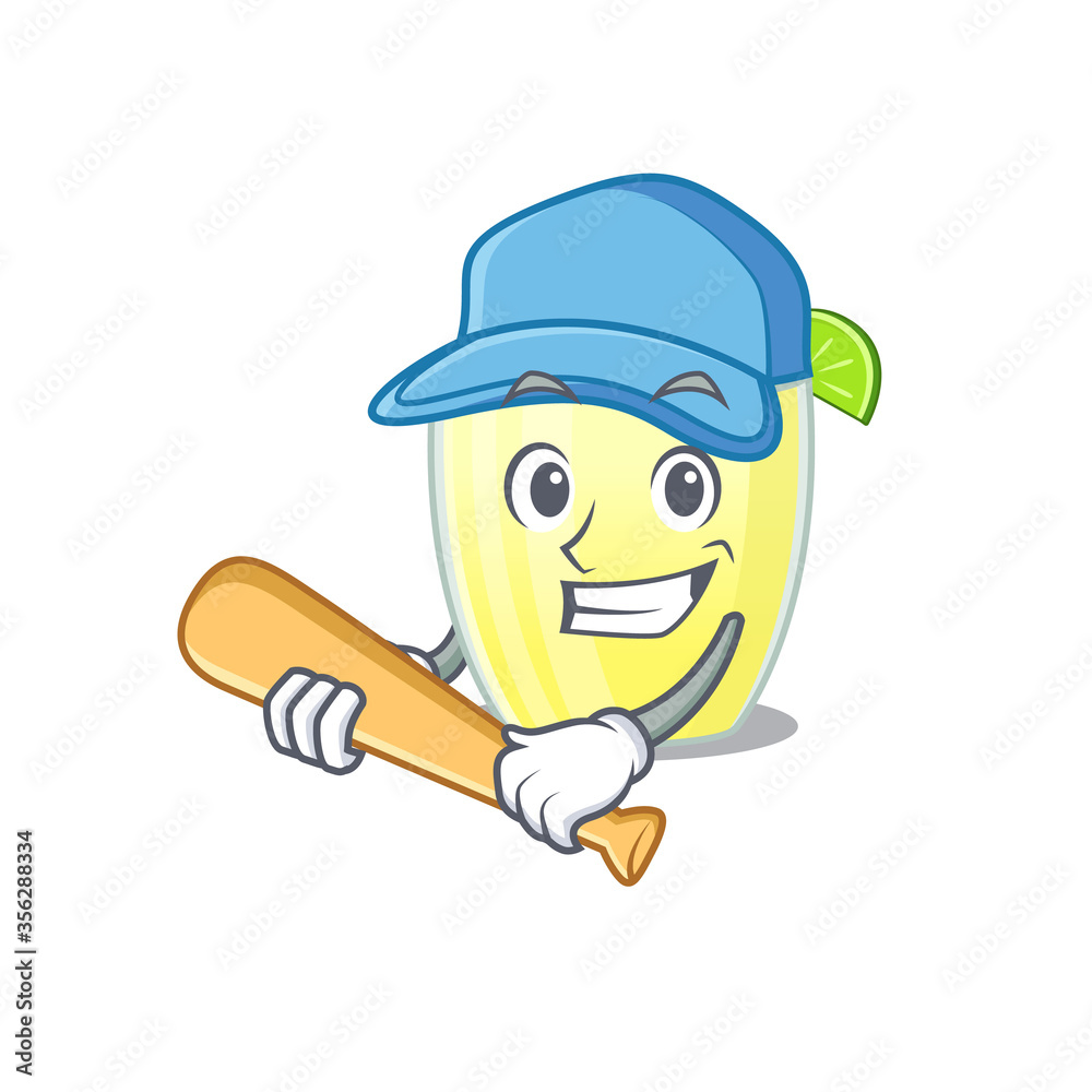 Poster Attractive daiquiri cocktail caricature character playing baseball