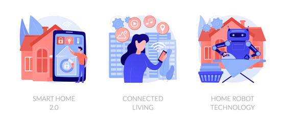 City and home with cognitive intelligence, Internet of Things, innovative technology. Smart home 2.0, connected living, home robot technology metaphors. Vector isolated concept metaphor illustrations.