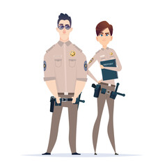 Fototapeta premium Police officer couple in the uniform standing. Police characters. Public safety officers. Guardians of law and order
