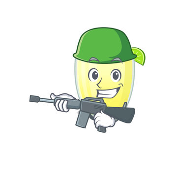 A cartoon picture of Army daiquiri cocktail holding machine gun