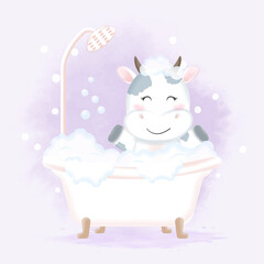 Cute cow taking bath in bathtub hand drawn cartoon illustration